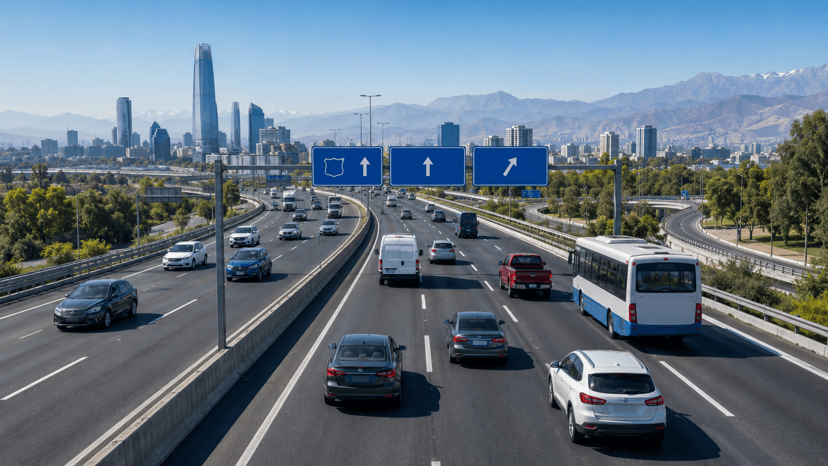 Autos circulando por una autopista urbana de Santiago con señaletica de Ruta 5, Vespucio Norte y Vespucio Sur.