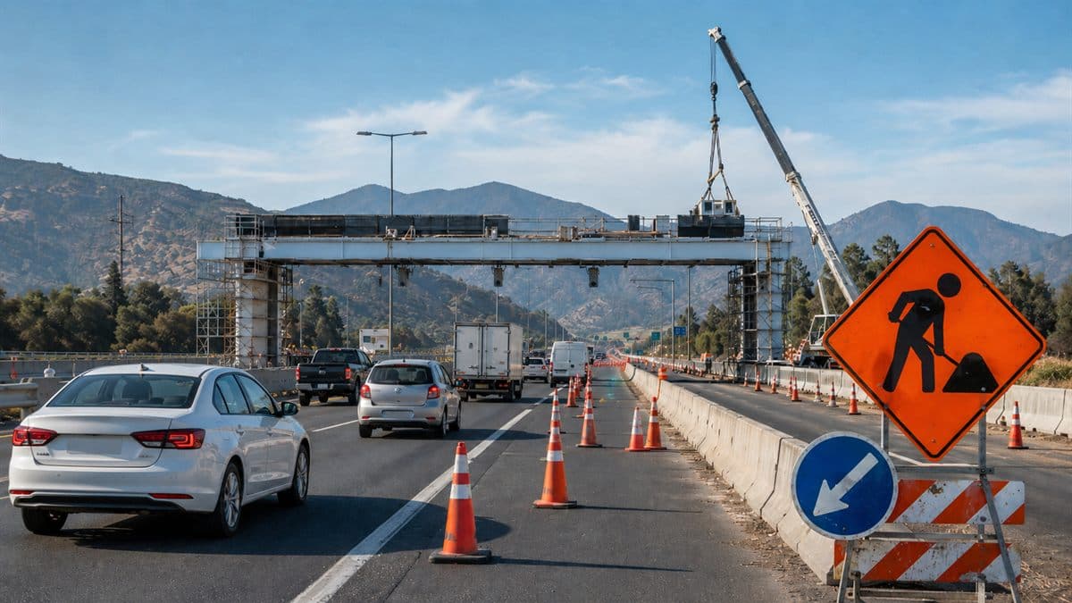 Autopista con señalización vial temporal y pórtico de telepeaje en Ruta 78, en contexto de trabajos programados.