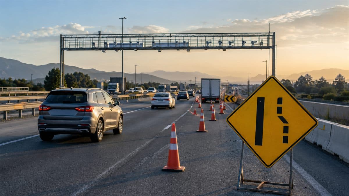 Autopista con señalización vial temporal y pórtico de telepeaje en Ruta 78, en contexto de trabajos programados.