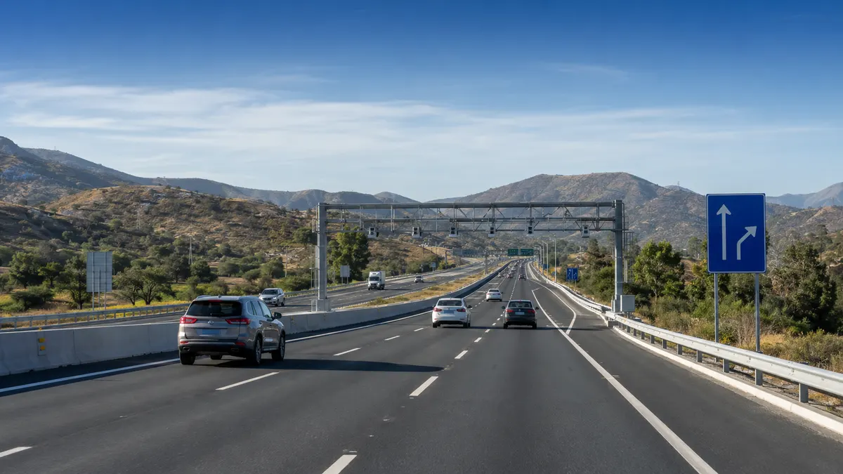 Ruta 68 con pórticos de cobro electrónico y vehículos circulando entre Santiago y Valparaíso