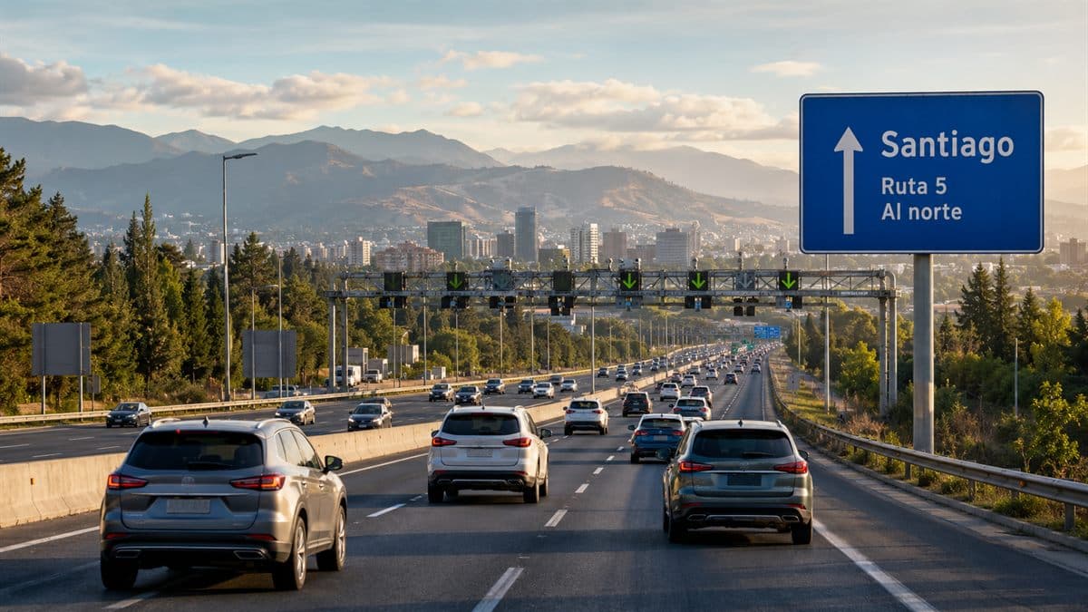 Vehículos saliendo de Santiago por autopista durante un fin de semana con alto flujo vehicular.