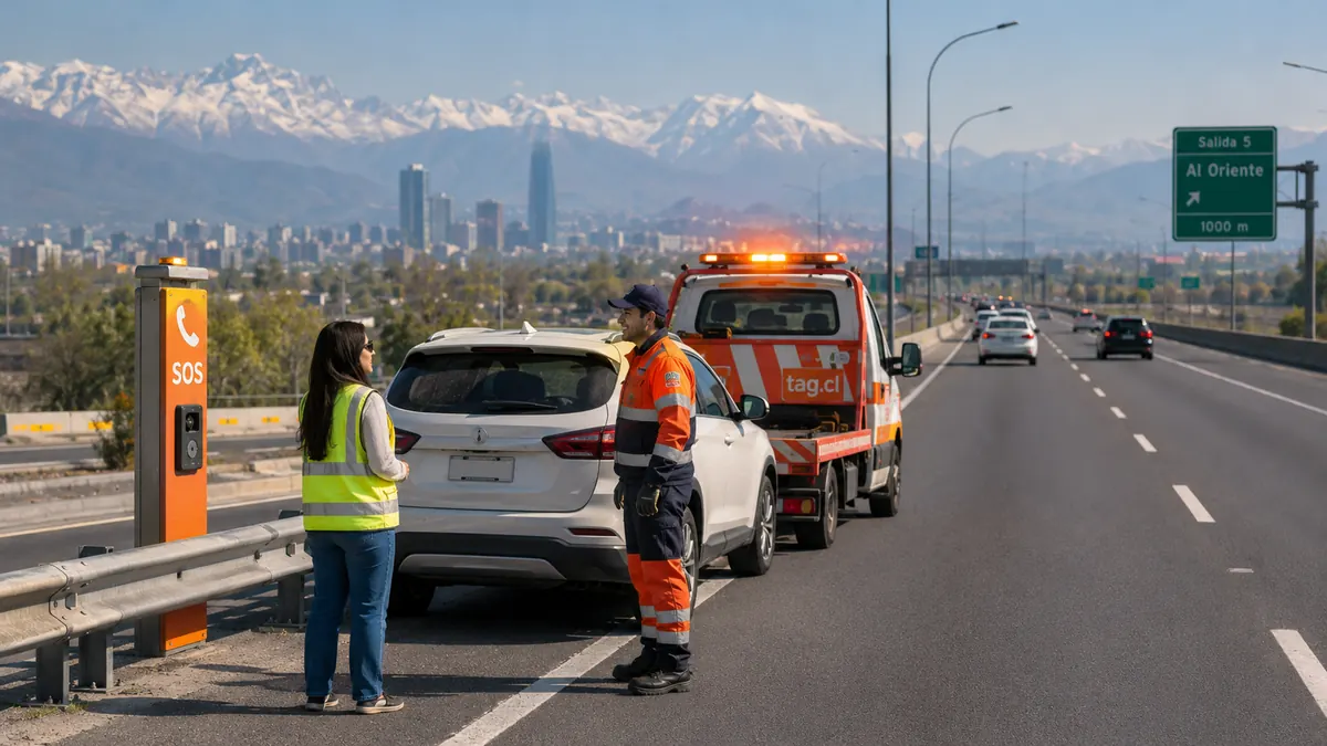 Asistencia en ruta junto a un poste SOS en una autopista de Chile
