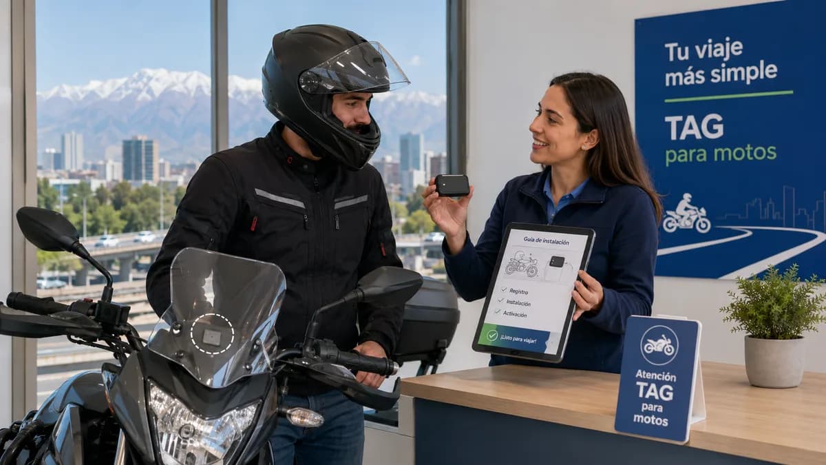 Motociclista revisando requisitos para usar TAG en autopistas de Chile