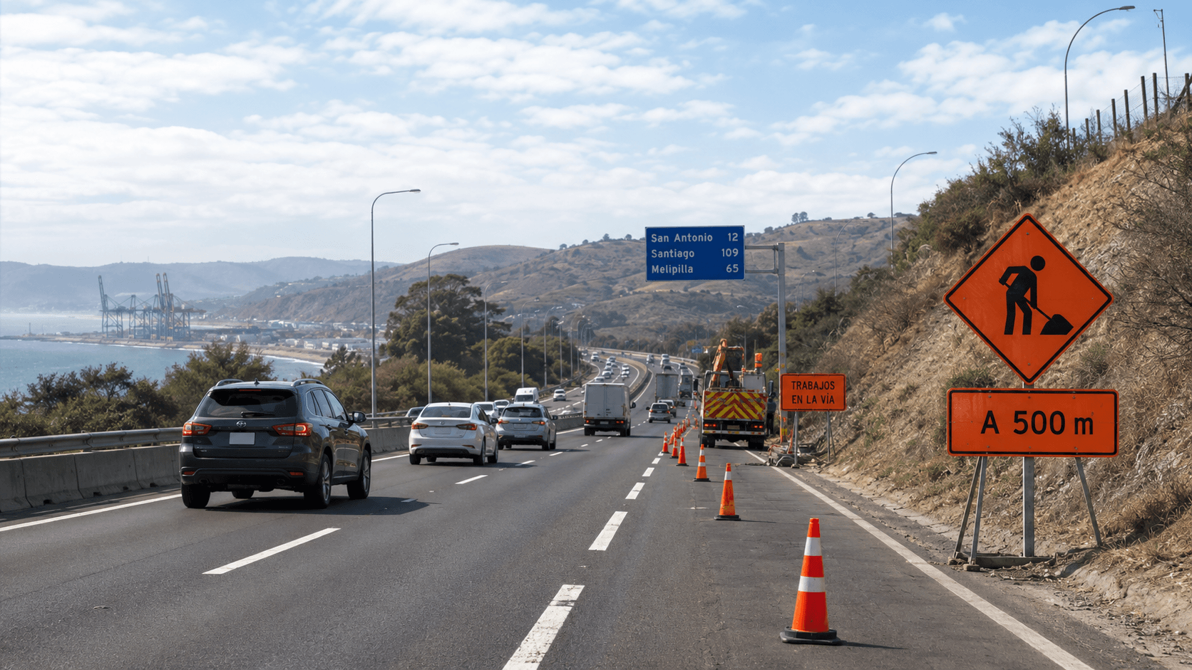 Trabajos viales en Ruta 78 hacia San Antonio con señalización preventiva